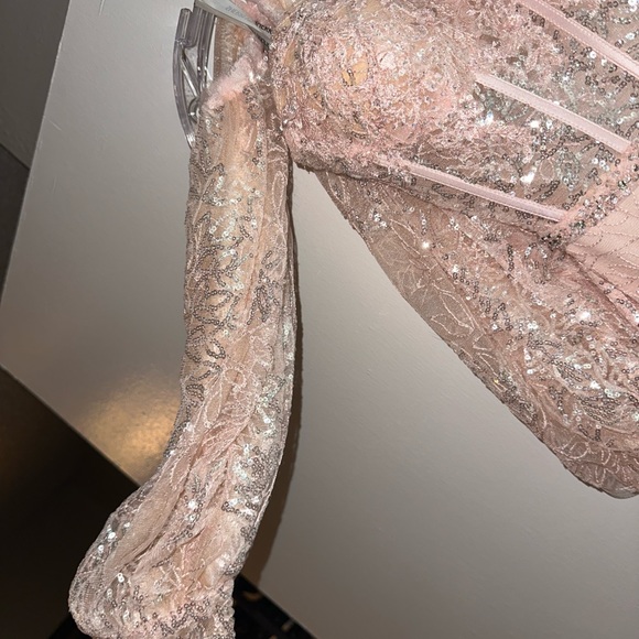 Sherri Hill light pink corset top sheer formal sequined dress style# 54919 - Picture 8 of 9